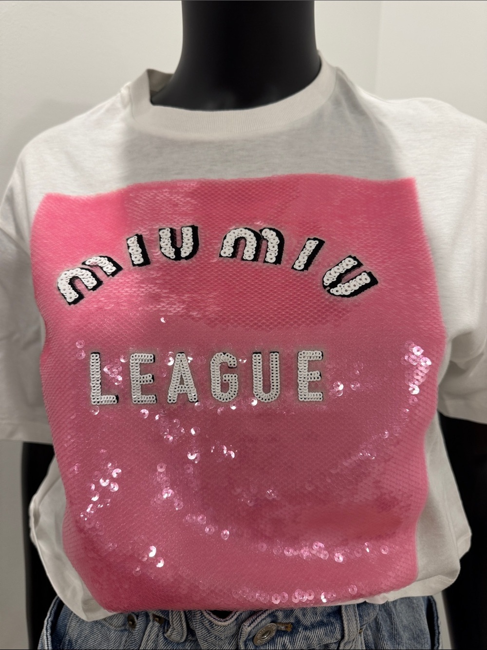 Miu Miu Sequin Logo T-Shirt Pink “League” XS | Rare Statement Piece NEW